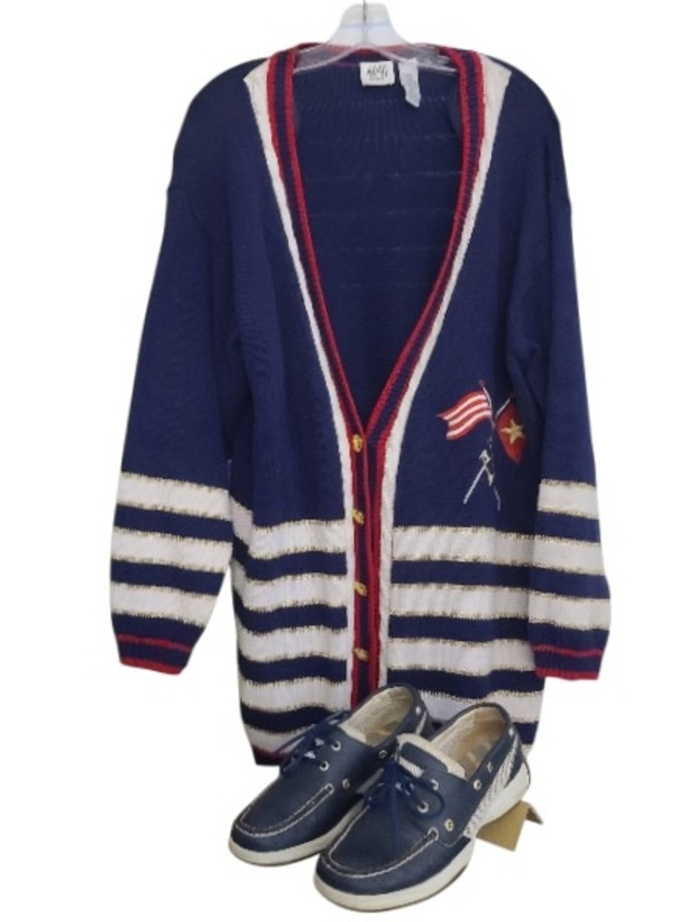 Spery & Jason Maxwell Navy, White & Red Striped V-Neck Cardigan 2X/Sz 8